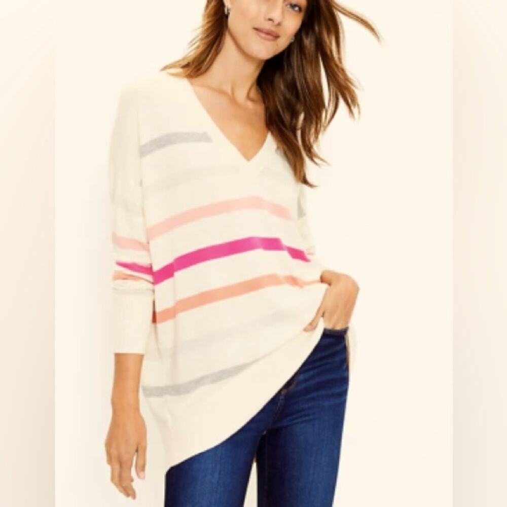LOFT Ivory Stripe Oversized Slouchy V-Neck Sweater Casual Cozy Size Large